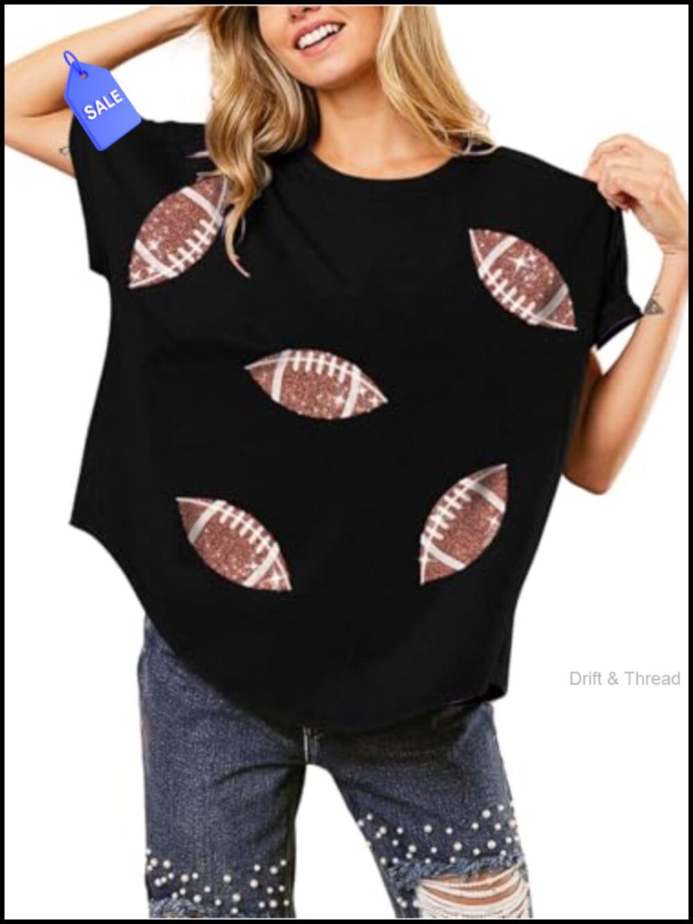Women's Sparkle Football Sequin Rugby Tee Game Day Oversized Short Sleeve